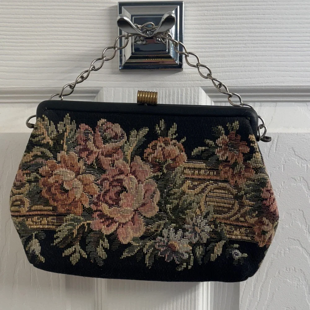 Vintage Needlepoint Floral Tapestry Evening Bag - Black and Pink w/gold hardware